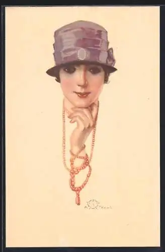 Künstler-AK Terzi: Elegante Dame mit einer Perlenkette