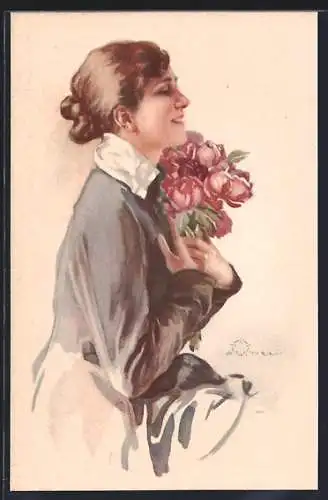 Künstler-AK Terzi: Damenprofil mit Blumenstrauss