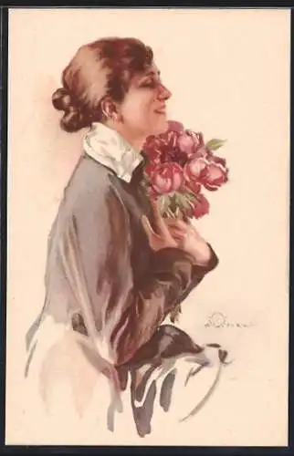 Künstler-AK Terzi: Lachende Dame mit Rosenstrauss