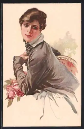 Künstler-AK Terzi: Sitzende Dame mit Blumenstrauss