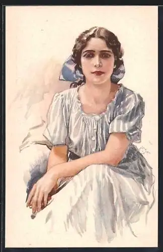 Künstler-AK Terzi: Porträt einer Dame in blauem Kleid