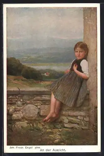Künstler-AK sign. Joh. Friedr. Engel: An der Aussicht, Mädchen sitzt auf einer Steinmauer