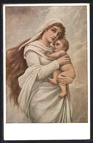 Künstler-AK sign. v. Bodenhausen: Madonna, Dame in weissem Gewand mit Baby