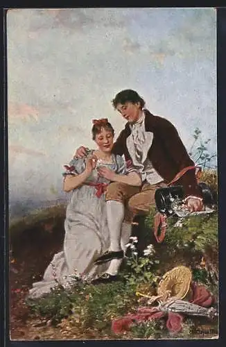 Künstler-AK sign. A. v. Liezen-Mayer: Wozu due Blumen fragen, ob ich dich liebe?