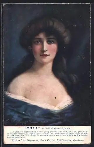 Künstler-AK sign. Cecil W. Quinnell: Zilla, Portrait einer Dame in blauem Kleid