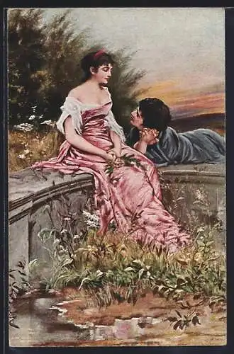 Künstler-AK sign. J. Koppay: Liebesgeflüster, Mann liegt auf einer Mauer und sieht zu Frau hinauf