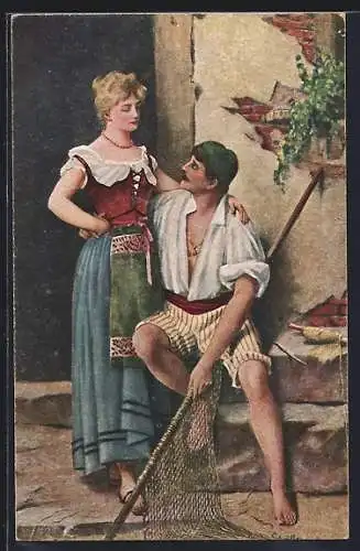 Künstler-AK sign. Gustav Schrödter: Schönste Stunde, Paar zusammen vor dem Haus