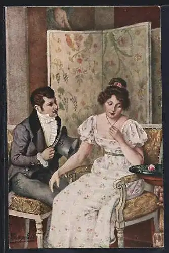 Künstler-AK sign. Priechenfried: Liebesantrag, Liebespaar im Gespräch