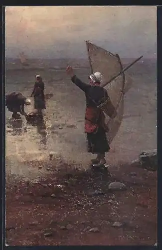 Künstler-AK sign. L. Wankie: Fischerfrauen, Drei Frauen am Ufer