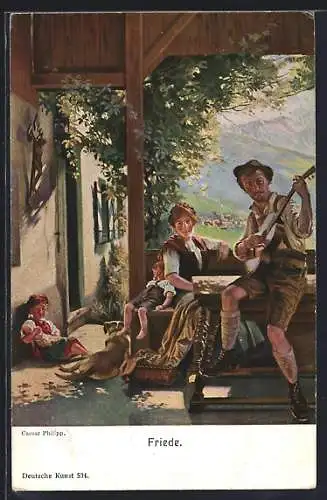 Künstler-AK sign. Caesar Philipp: Friede, Familie sitzt zusammen auf der Veranda