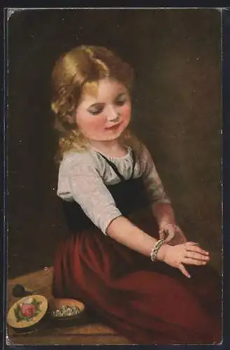 Künstler-AK sign. C. v. Bergen: Der erste Schmuck, Kleines Mädchen mit Perlenarmband