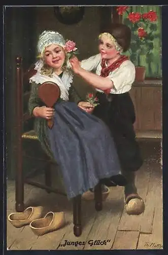 Künstler-AK sign. Th. Matthei: Junges Glück, Junge schenkt Mädchen Blumen