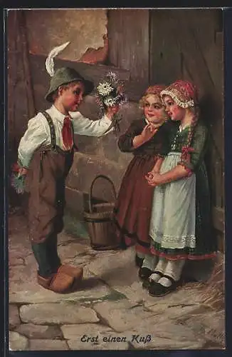 Künstler-AK sign. Th. Matthei: Erst einen Kuss, Junge hält Mädchen einen Blumenstrauss hin