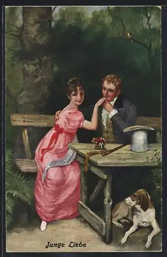 Künstler-AK sign. H. Susemihl: Junge Liebe, Paar sitzt zusammen an einem Tisch mit Hund