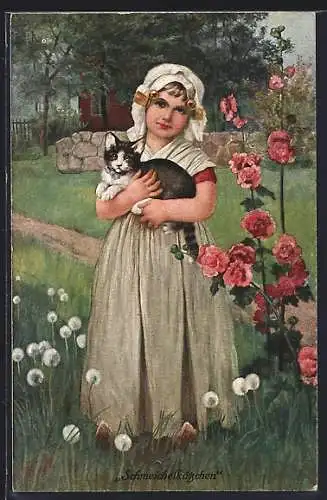 Künstler-AK sign. H. Susemihl: Schmeichelkätzchen, Junges Mädchen hält eine Katze in den Armen
