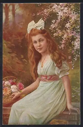 Künstler-AK sign. E. Manstedt: Frühling, Mädchen mit Blumen