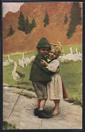 Künstler-AK sign. F. Heinrich: Herzliebchen mein!, Zwei Kinder umarmen sich