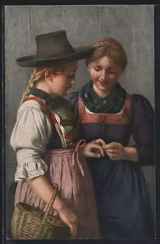 Künstler-AK sign. Emma von Müller: Der Ring, Frauen bewundern einen Ring
