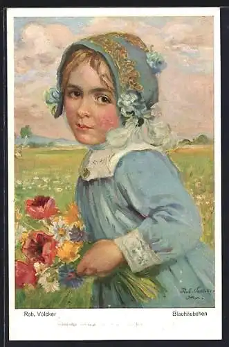 Künstler-AK sign. Rob. Völcker: Blauhäubchen, Mädchen mit blauer Haube und Blumen