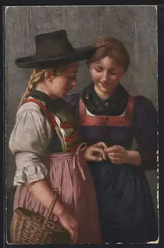 Künstler-AK sign. Emma von Müller: Der Ring, Frauen bewundern einen Ring