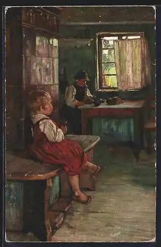 Künstler-AK sign. B. Genzmer: Bauernstube, Kind sitzt auf einer Bank am Kamin