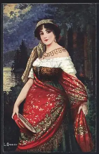 Künstler-AK sign. L. Grande: Carmen, Frau in traditioneller Kleidung mit Schelle