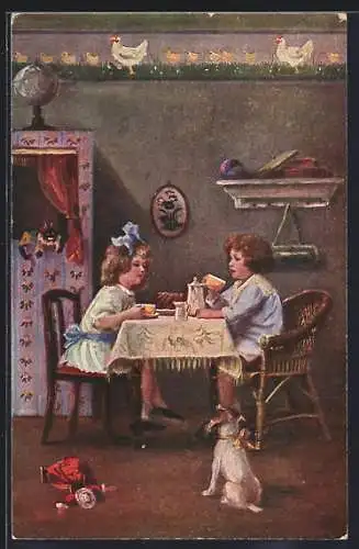 Künstler-AK sign. H. Wessel: Kaffeebesuch, Zwei Kinder sitzen zusammen an einem Tisch
