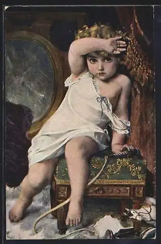 Künstler-AK sign. E. Munier: Die Angst, Kind sitzt auf einem Hocker