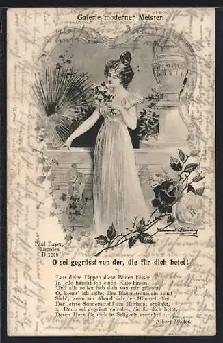 Künstler-AK sign. Paul Bayer: Frau in einem Garten mit Blumen