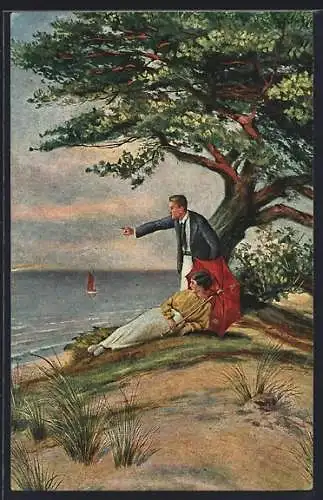 Künstler-AK sign. Damstag: Schöne Aussicht, Paar blickt aufs Meer