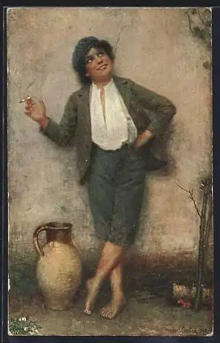 AK Junge Frau mit Tonkrug raucht Barfuss eine Zigarette