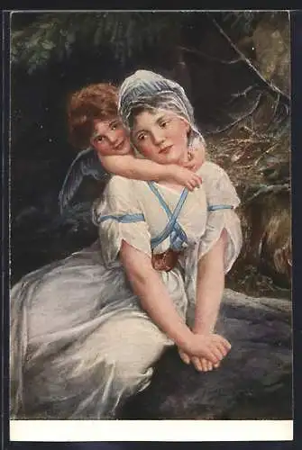 Künstler-AK sign. Wagner: Ein Liebesbote, Engel umarmt ein Mädchen