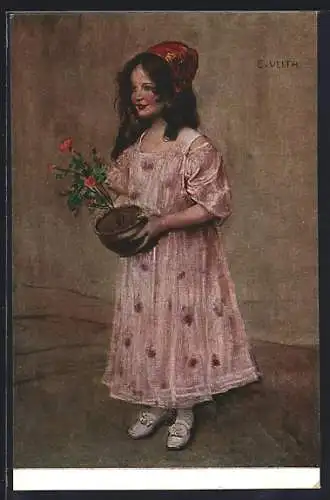 Künstler-AK sign. Ed. Veith: Ich wünsche Glück!, Mädchen mit Rosen in den Händen