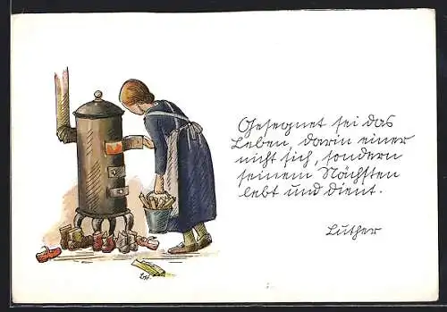 Künstler-AK sign. Bertha Heller: Frau mit Feuerholz am Ofen