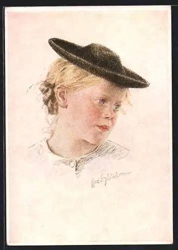 Künstler-AK sign. H. von Schlieben: Porträt eines Mädchens mit Hut