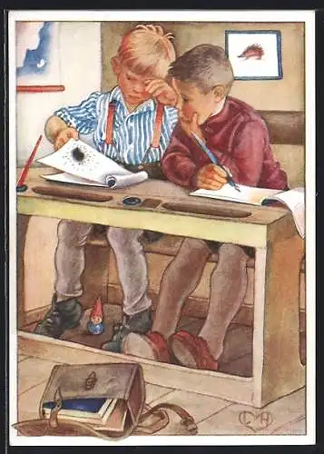 Künstler-AK sign. L. Hölzl: Zwei Jungen in der Schule