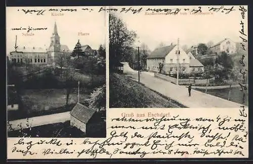 AK Eschdorf, Gasthaus Ratskellerschenke von Teichmann, Kirche mit Schule und Pfarre