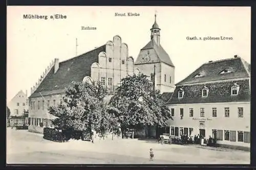 AK Mühlberg / Elbe, Rathaus und Neust. Kirche, Gasthof z. gold. Löwen