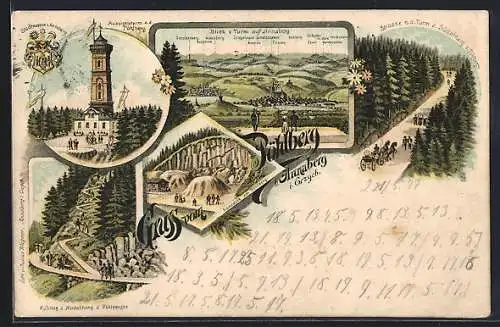 Lithographie Annaberg / Erzgebirge, Aufstieg am Nordhang des Pöhlbergs, Aussichtsturm, Stadtwappen
