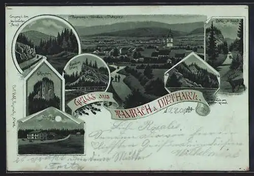 Mondschein-Lithographie Tambach / Dietharz, Teilansicht und Dietharz, Nesselberg, Eingang in den Marderbacher Grund