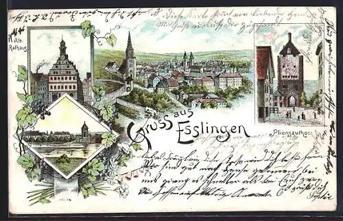 Lithographie Esslingen / Neckar, Alt-Rathaus, Pliensautor, Uferpartie