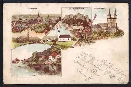 Lithographie Lichtenfels / Main, Staffelbergfelsen, Schloss Banz, Kirche