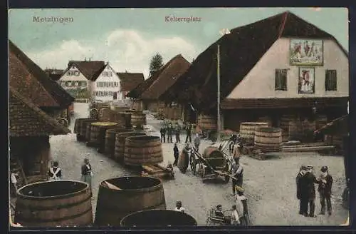 AK Metzingen / Württ., Kelternplatz, Weinkellerei - Fässer werden verladen