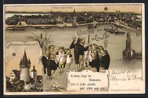 Sonnenschein-Lithographie Lindau / Bodensee, Panorama mit Froschchor, Diebsturm m. Peterskirche