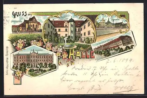 Lithographie Halle / Saale, Diakonissenhaus, Riebeckstiftung und Bergmanns Trost