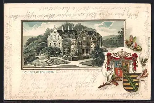 Passepartout-Lithographie Altenstein / S.-M., Schloss aus der Vogelschau, Wappen