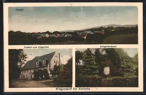AK Wittgensdorf / Sachsen, Gasthof zum Erbgericht Inh. Arthur Reichel, Ortsansicht, Kriegerdenkmal