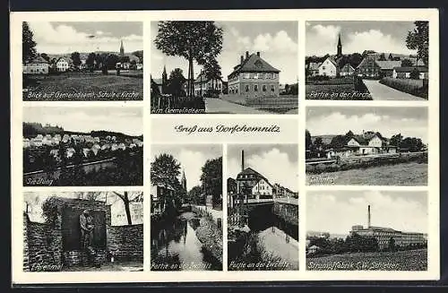 AK Dorfchemnitz / Zwönitz, Strumpffabrik C. W. Schletter, Partie an der Kirche, Der Bahnhof, Partien an der Zwönitz