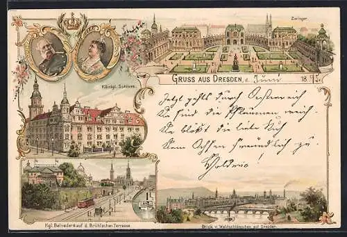 Lithographie Dresden, Zwinger, Kgl. Schloss, Kgl. Belvedere auf d. Brühlschen Terrasse, Ortsansicht vom Waldschlösschen