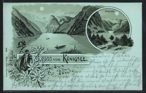 Mondschein-Lithographie Königsee / St. Bartholomä, Ruderboot auf dem Obersee